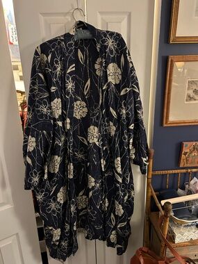 eskandar Navy and Cream Floral Long Jacket